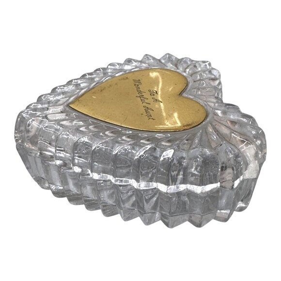 Heart Shaped Crystal Trinket Dish Box Gold Engraved To A Great Aunt Gift Vintage - Picture 9 of 12